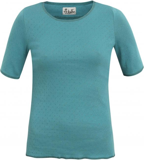 T-Shirt kurzarm aus 100% Öko-Baumwolle in jeansblau, limegrün und türkis mit abgesetzten Nähten von Jalfe