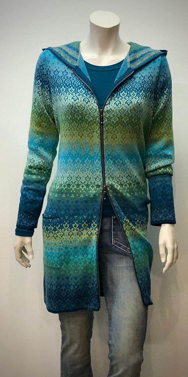 Jacquard-RV-Kapuzenmantel aus 100% Baumwolle GOTS in verschiedenen Farben bunt gemustert von Dunque by Schweikardt